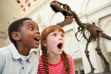 Two children express amazement in a museum, standing in front of a dinosaur skeleton.