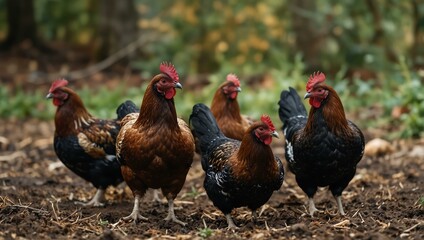 A mix of brown and black hens in a natural environment.