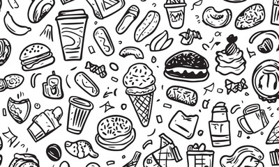 quirky hand drawn food icon patter vector for wallpaper and digital use