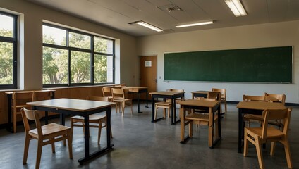 Fototapeta premium A modern classroom with wooden chairs and a simple table.