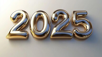 Metallic "2025" design on a white surface, clean and elegant presentation for a new year concept.