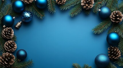 A charming Christmas wreath adorned with vibrant blue ornaments and natural pine cones, set against a serene blue backdrop, embodies festive cheer and holiday spirit.