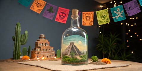 Display of a miniature pyramid inside a glass bottle decorated with colorful papel picado and cacti