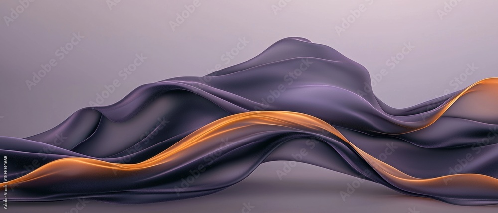 Poster abstract digital art piece that appears to be made up of wavy lines in different shades of purple and orange. The lines are arranged in a wave-like pattern, creating a sense of movement and depth.