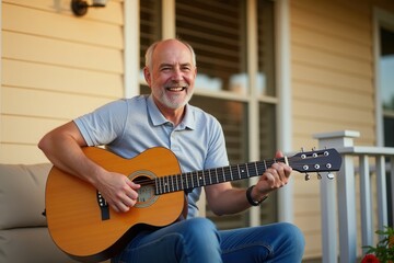 Obraz premium A cheerful older man strums an acoustic guitar while seated on a porch. The warm sunlight illuminates his smile, creating a relaxed atmosphere as he enjoys making music outdoors on a pleasant day.