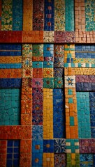 A mosaic-style background of colorful tiles forming intricate patterns.