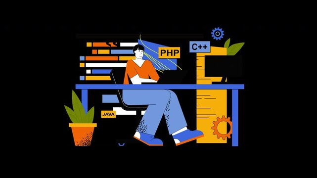 This vibrant illustration shows a developer coding with languages like Java, PHP, and C++ in a modern workspace, blending colors and elements to highlight creativity and tech innovation.