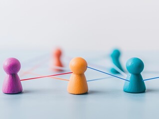 Obraz premium Human pawns colorful connected lines communication objects dots with modern tools team building interlinked relationships social networking teamwork