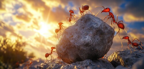 Macro shot of ants lifting a large rock, captured in high resolution with 3D rendering. 