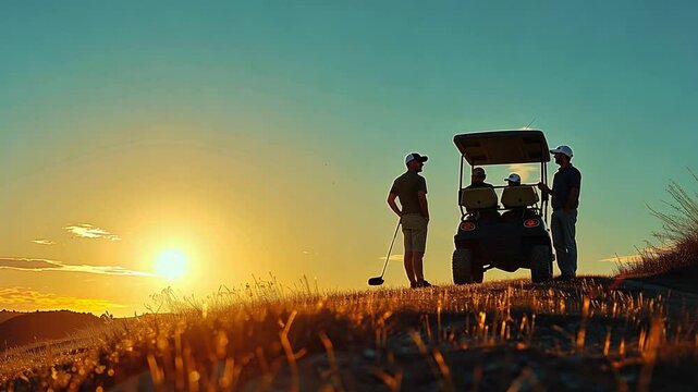 This Three golfers stand near a golf cart, admiring the beautiful sunset on a course.