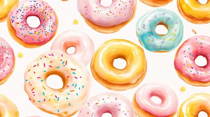 Fototapeta premium Playful watercolor donuts with sprinkles, vibrant hues, seamless pattern, a cheerful design for youthful products
