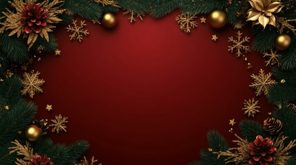 A festive Christmas wreath adorned with shimmering gold accents, set against a rich red background, radiating warmth and holiday cheer.