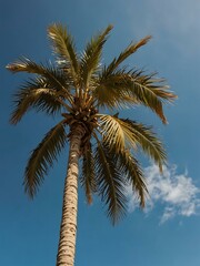 Obraz premium A palm tree with drying leaves against a blue sky.