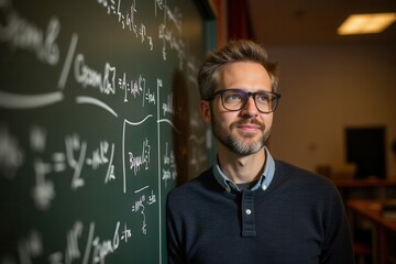 A male educator stands confidently next to a chalkboard filled with mathematical equations. He appears engaged and thoughtful, showcasing a moment of inspiration in a vibrant classroom environment.