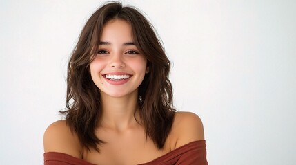 Smiling Young Woman with Brown Hair and Natural Makeup in Studio