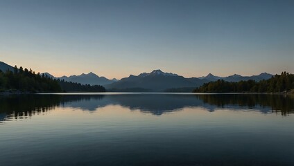 Fototapeta premium A peaceful landscape with a lake, distant mountains, and a clear sky at dusk.