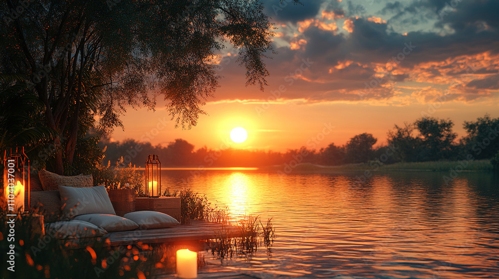 Poster serene sunset by the lakeside with cushions and lanterns creating a tranquil evening atmosphere. gen