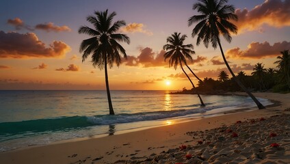 A peaceful tropical beach with palm trees and colorful flora at sunset.