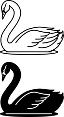 Swan Icons. Black and White Vector Illustration. Beautiful Waterfowl. Agriculture, Farming. For Coloring Book Design. Domestic Animals Concept