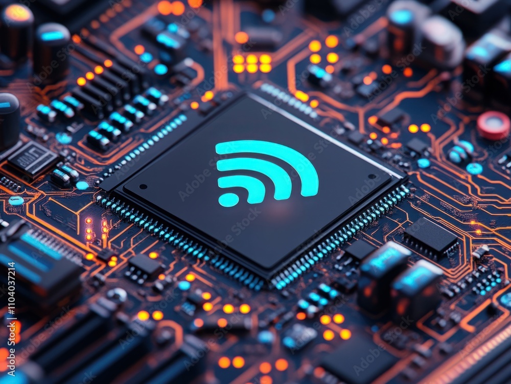 Aufkleber close-up of a modern circuit board with wi-fi symbol illuminated, showcasing advanced technology and