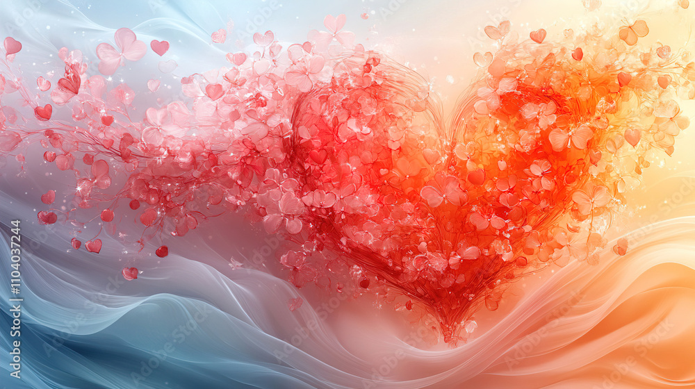 Poster vibrant heart shape formed by swirling colors and floating petals creating a romantic atmosphere. ge