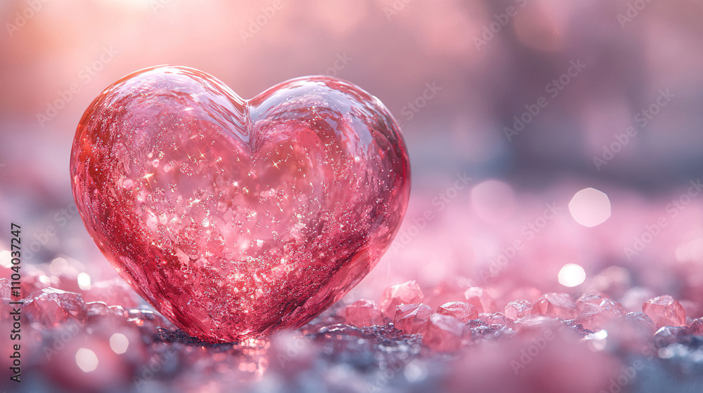 Poster heart-shaped crystal on a sparkling surface reflecting sunlight in a romantic setting. generative ai