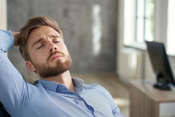 Obraz premium A young man sits in a contemporary office with his eyes closed, enjoying a moment of relaxation. Natural light filters through large windows, and the room features minimalist decor, conveying a sense 