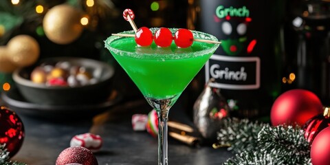 A whimsical "Grinch" cocktail with a vibrant green hue, red cherry garnish, and festive candy,