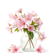 pink spring blossom in a pitcher on white background watercolor clipart,  floral arrangements,  flower vase