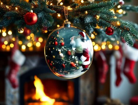 "A large round Christmas tree toy of deep red color hangs on a fluffy branch of a fir tree decorated with golden garlands. Its mirrored surface reflects a cozy room with a burning fireplace. In the re