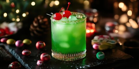 A whimsical "Grinch" cocktail with a vibrant green hue, red cherry garnish, and festive candy,