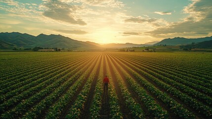 A farmer inspecting an irrigation system in a vast field of growing crops, ensuring everything runs smoothly. The practical and innovative approach reflects modern farming methods 
