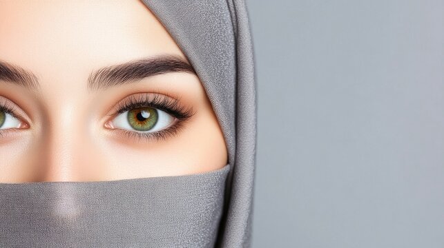 Close-up of a stunning young Arab woman with captivating green eyes wearing a hijab, showcasing beauty and culture in high resolution