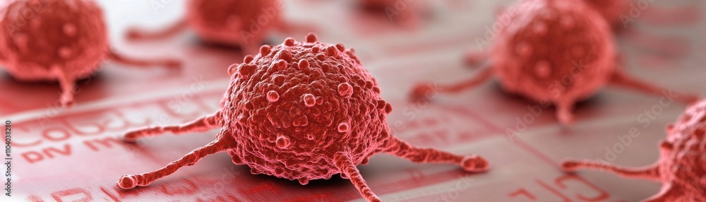 Poster close-up view of red human cancer cells illustrating cellular structure and abnormal growth patterns