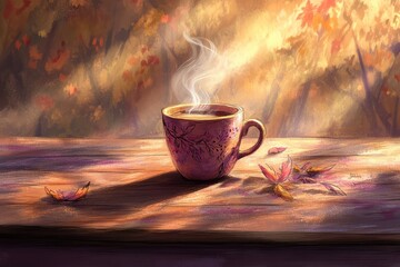 Obraz premium A steaming cup of coffee sits on a wooden table surrounded by autumn leaves and warm light.