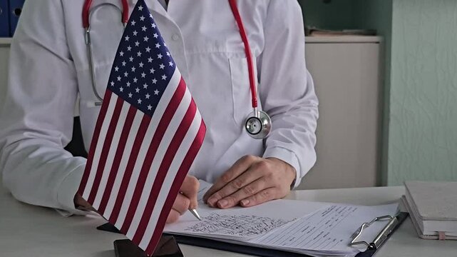 Medical professional signing documents with American flag in background during office hours in a healthcare setting