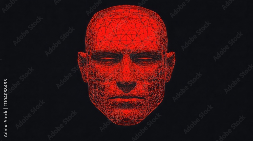 Aufkleber abstract digital representation of a human head with wireframe structure in red on black background 