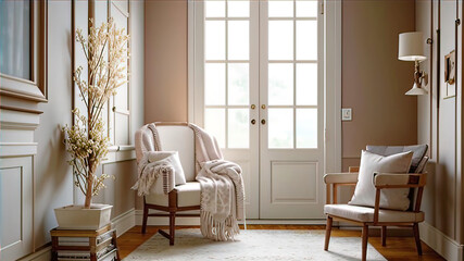 Cozy nook with a round snuggle chair, soft pillows, abstract art, and decorative vases in a neutral toned space. Shabby chic french country interior design of modern hall, home entryway.