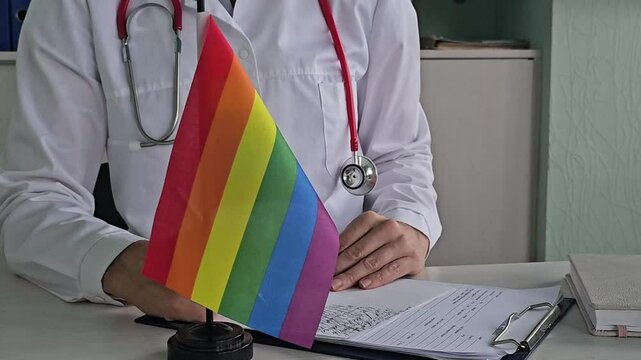 Healthcare professional shows support for LGBTQ+ rights by placing rainbow flag on desk in clinic