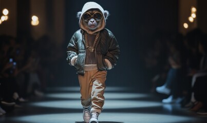 Fashionable Monkey in Stylish Streetwear on Runway