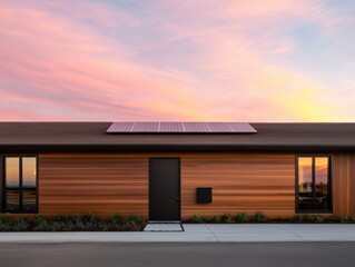 Obraz premium Innovative renewable energy solutions showcased in modern green technology home at sunset urban environment residential viewpoint