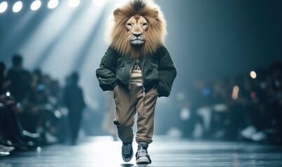 Fashionable Lion Struts Down Runway in Trendy Attire