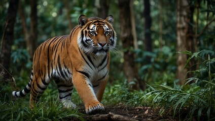 Obraz premium A powerful tiger stealthily navigating through the jungle.