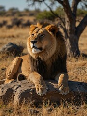 Obraz premium A pride of lions resting on a rock in the savanna.