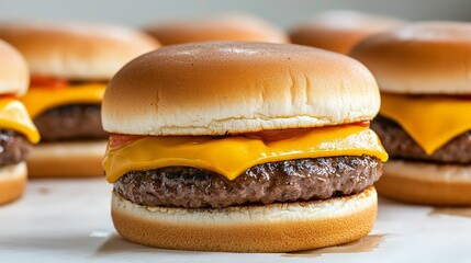 dystopia society concept. A close-up of a juicy cheeseburger with melted cheddar cheese, sitting among other similar burgers, showcasing a classic fast-food favorite.