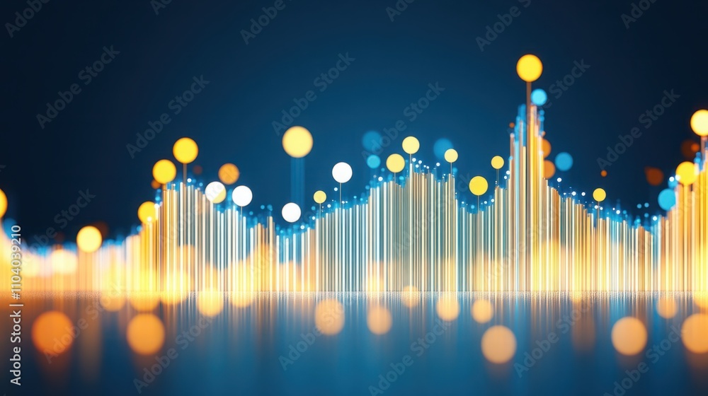 Poster abstract digital data visualization with colorful lights and lines representing growth, analysis, an