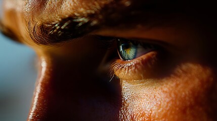 A close up of a man's face with blue eyes