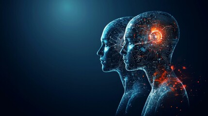Fototapeta premium dystopia society concept. Two digital human figures in profile, showcasing intricate neural connections and glowing elements, symbolizing advanced technology and cognitive processes.