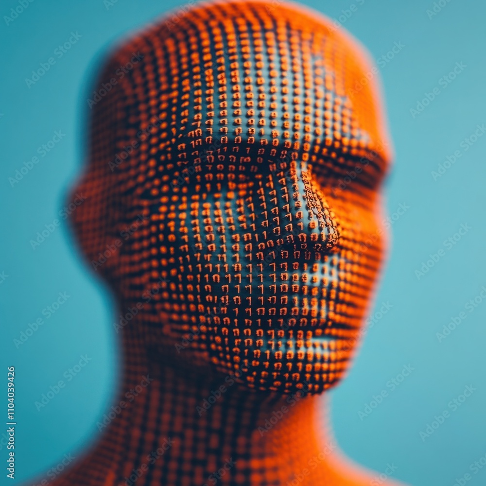 Aufkleber abstract representation of a human face made of digital numbers in bold orange against a blue backgr
