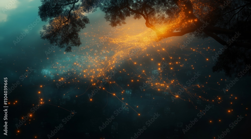 Poster harmony of modern technology and nature: green trees and glowing threads of digital data